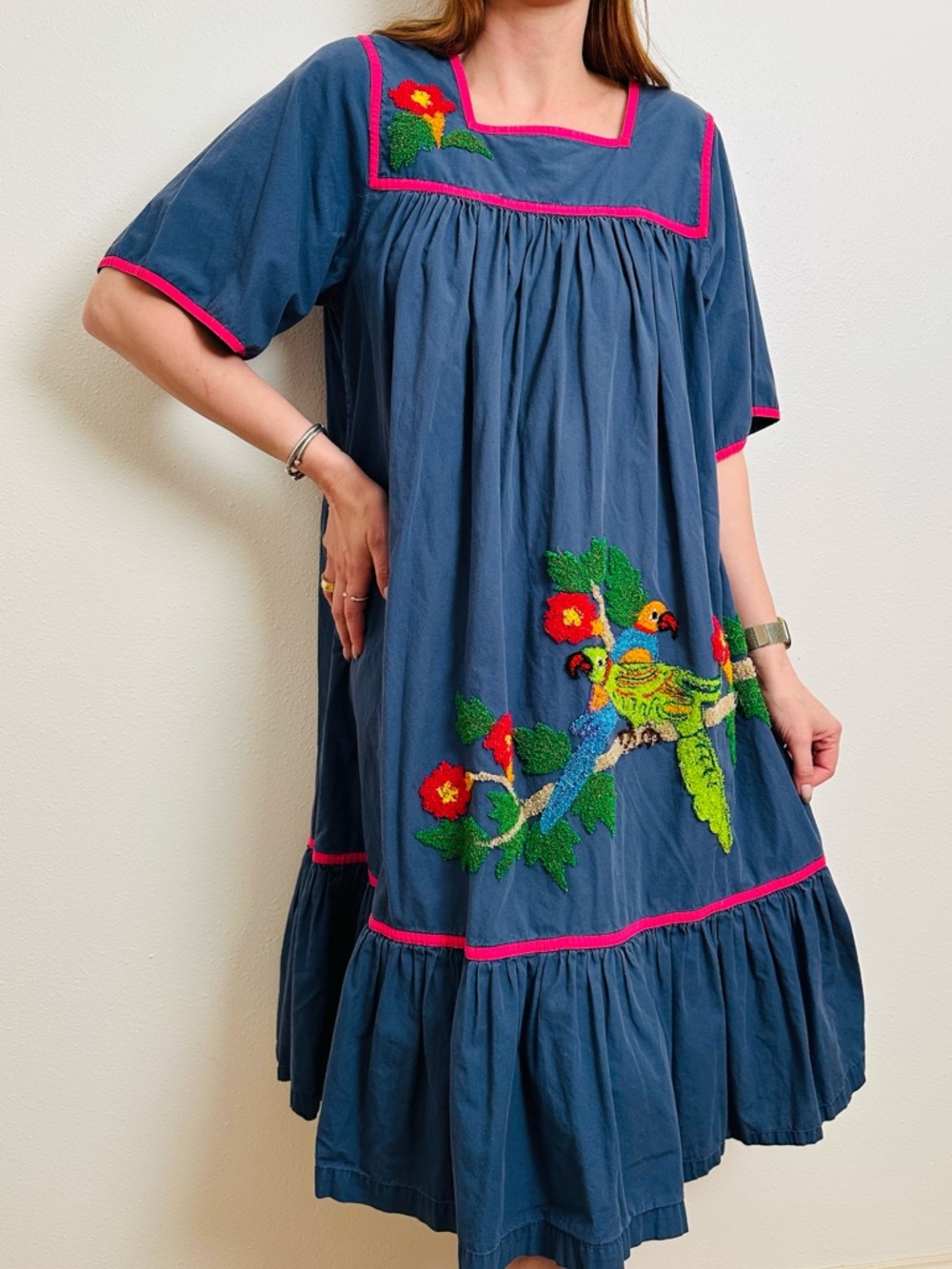 Vintage Go Softly Patio Muu Muu Dress Chenille Parrot Tropical Boho Floral